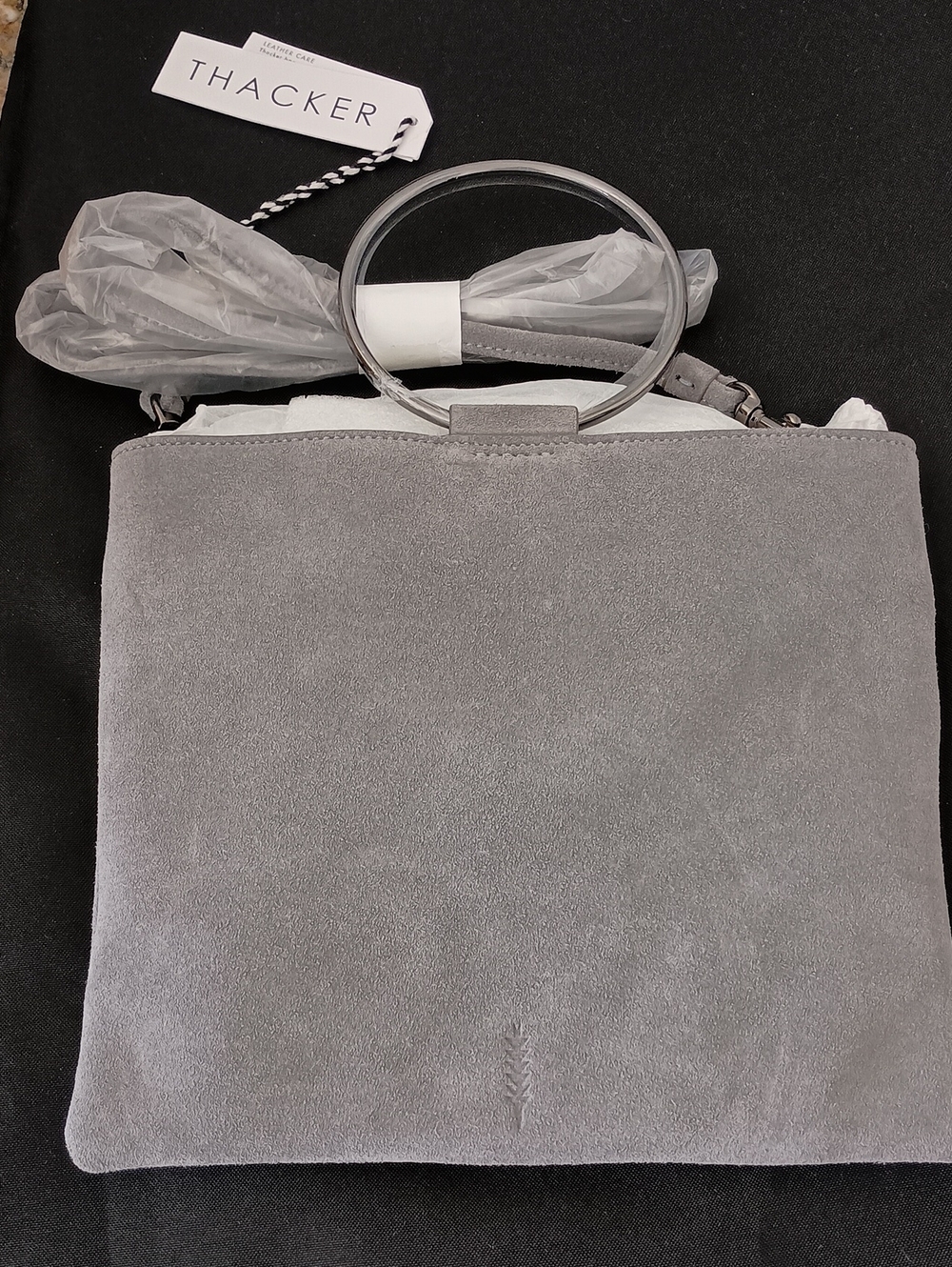 THACKER Gray Suede Handbag with Ring Handle/Strap And Cover  NEW